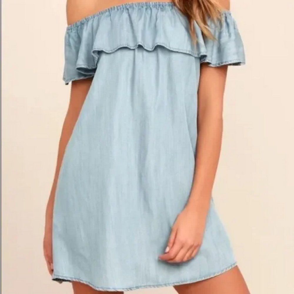 Lulu’s Standout Style Light Blue Chambray Off-the-Shoulder Dress